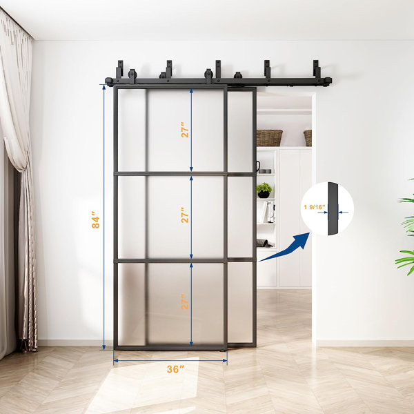 JUBEST Bypass Frosted Glass Barn Door 72 in. x 84 in. with 6FT Double